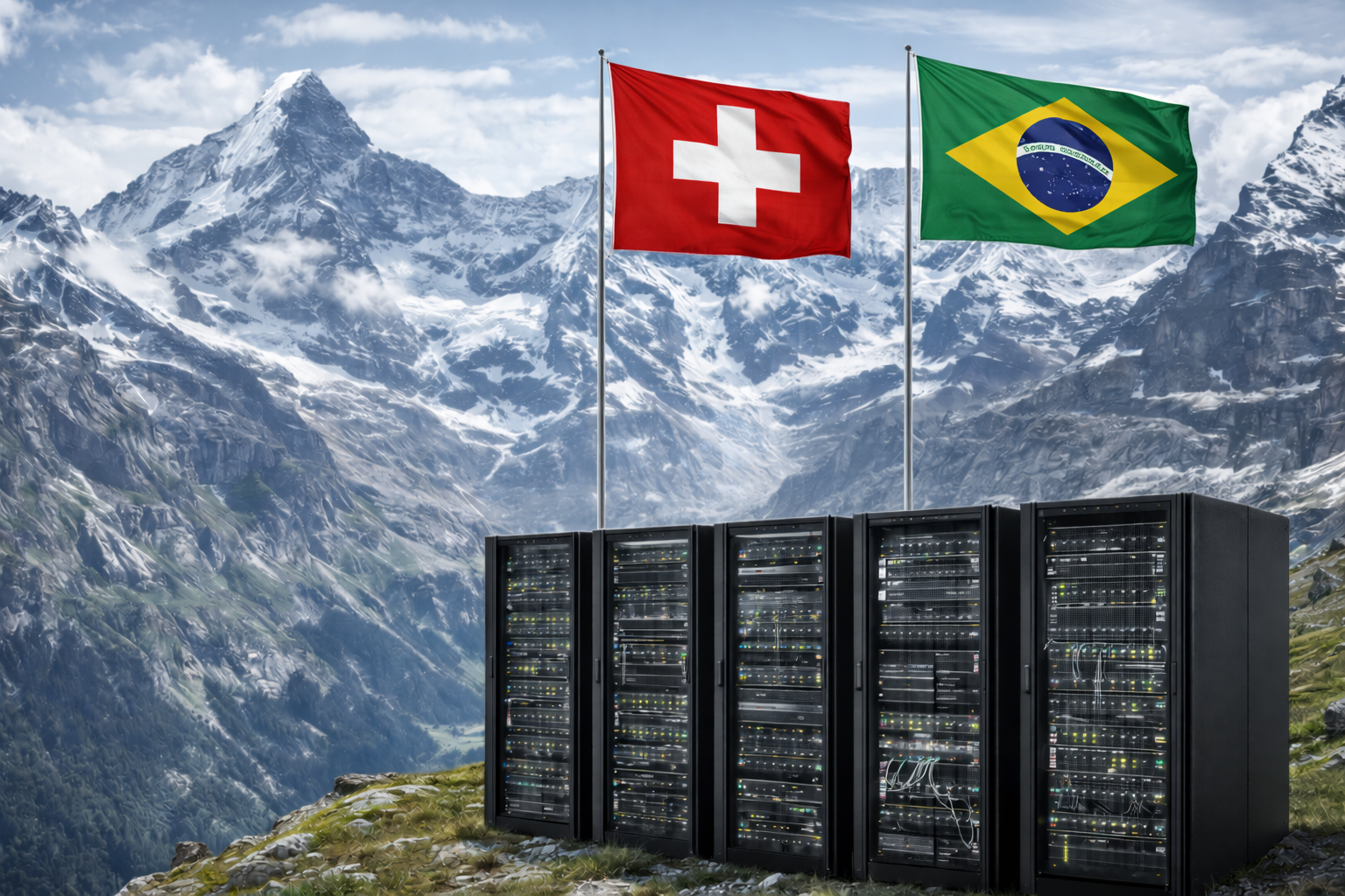 Servidores nos Alpes Suíços com bandeiras do Brasil e da Suíça